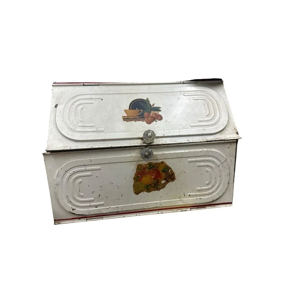 Metal Bread Box Pie Safe Cabinet White Red Trim  For Restoration